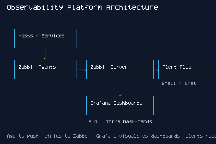 Observability platform architecture diagram showing Zabbix agents, server, Grafana dashboards, and alert flow.